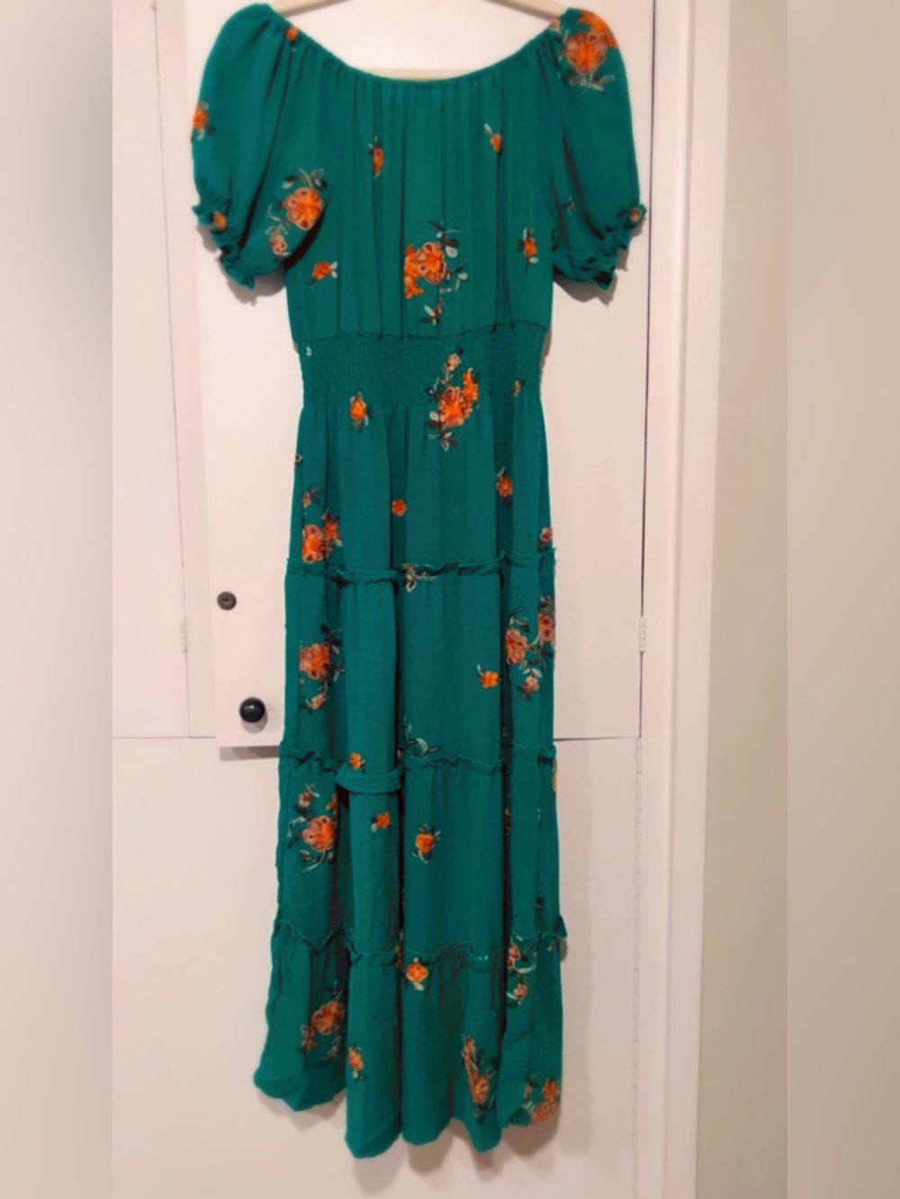 NWT Kindred Anthropologie Green Embroidered Maxi Dress Boho Off Shoulder - Picture 8 of 11